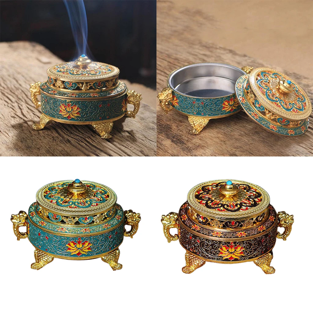 

Antique Alloy Color Painted Lotus Tibetan Flower Coil Incense Burner