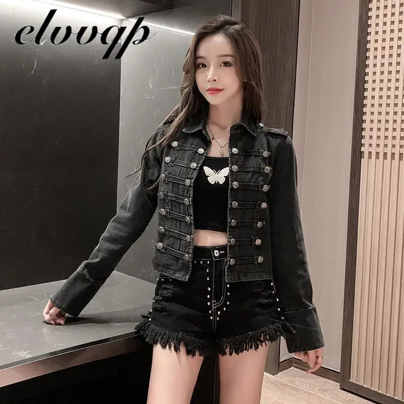 Новинка Ретро стиль милитари красивая со стоячим воротником джинсовый куртка