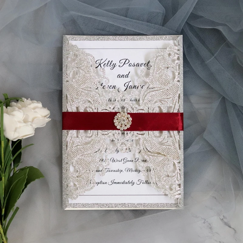 (100 шт./лот) золотые блестящие свадебные пригласительные открытки с принтом на