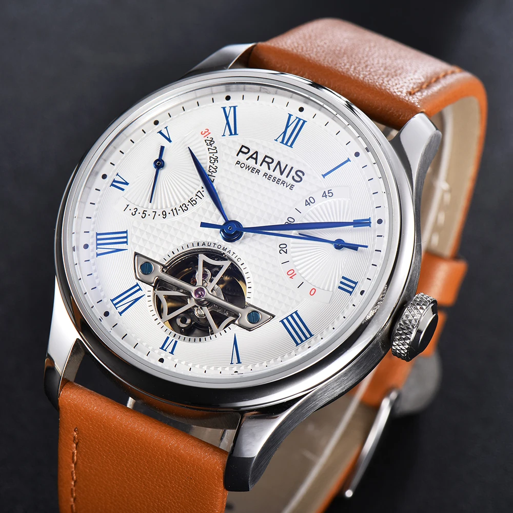 

New Arrival 43mm Parnis White Dial Date Power Reserve ST 2505 Automatic Men Watches Brown Leather Strap Top Luxury Brand 2021