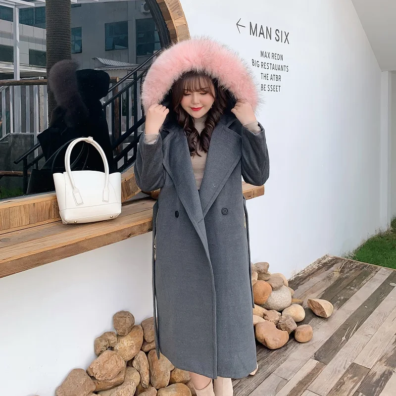 Real fur collar Женское шерстяное пальто с поясом размера плюс, новинка, Женское пальто, зима-осень, Тренч с меховым воротником, женская верхняя одежда, 5XL - Цвет: Real fur collar