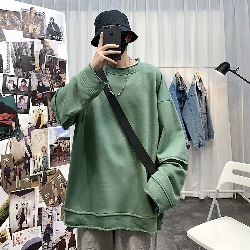 

Korean Cotton Hoodie Men's Fashion Solid Color O-neck Sweatshirt Men Streetwear Autumn Winter Loose Oversize Hoodie Mens Hoody