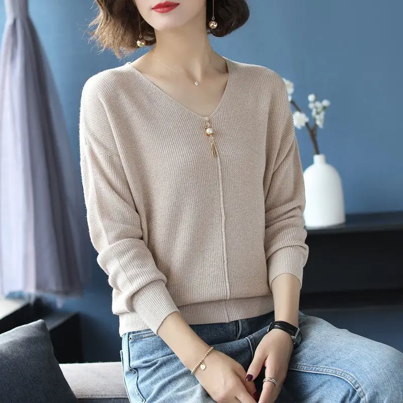 Women Sweater Thin Knitted V-neck Fashion Jumpers Solid Color Beaded Fringed Long Sleeve Pullovers Sweaters Female 2021 Spring | Женская