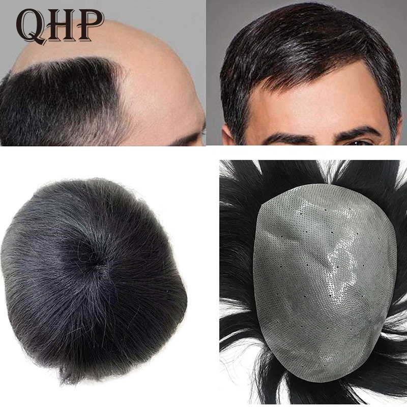 QHP Toupee Men Natural Thick PU  Man wigs Indian Human Remy Hair Breathable Wave Straight Men's Hair System Natural 6Inch