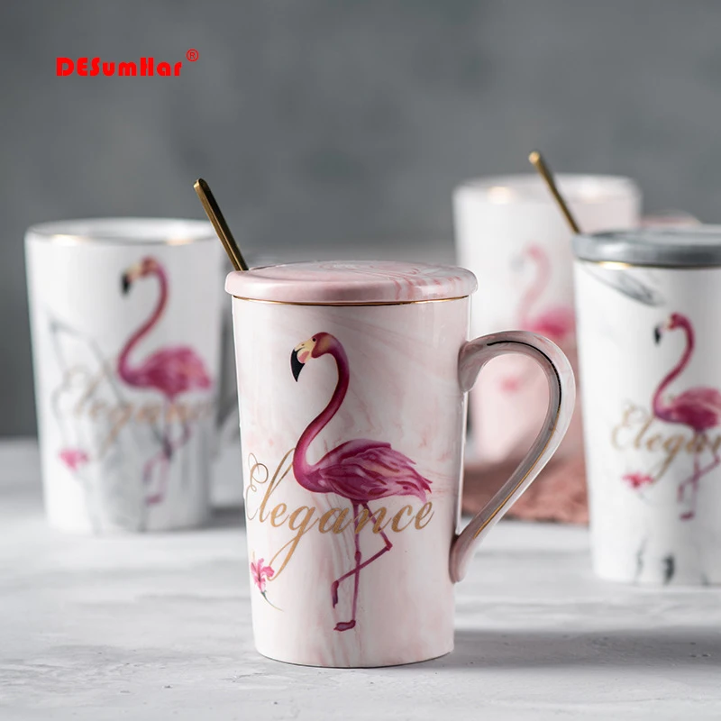 Золотой Фламинго кофейная кружка с крышкой Ложка, фарфоровая кружка чашка для молока крышка Термокружка кофейная чашка все для кухни посуда для напитков