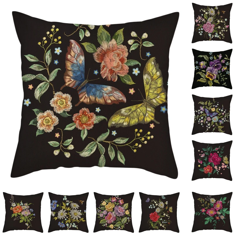 

Chinese Style Flowers and Butterfly Linen Pillow Case Office Car Sofa Seat Home Decor Black Cushion Cover Pillowcase 45*45 cm