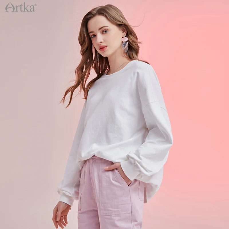 

ARTKA 2021 Spring New Women Sweatshirt Fashion Casual 100% Cotton O-Neck Sweatshirts Loose Pullover White Sweatshirt VA25113C