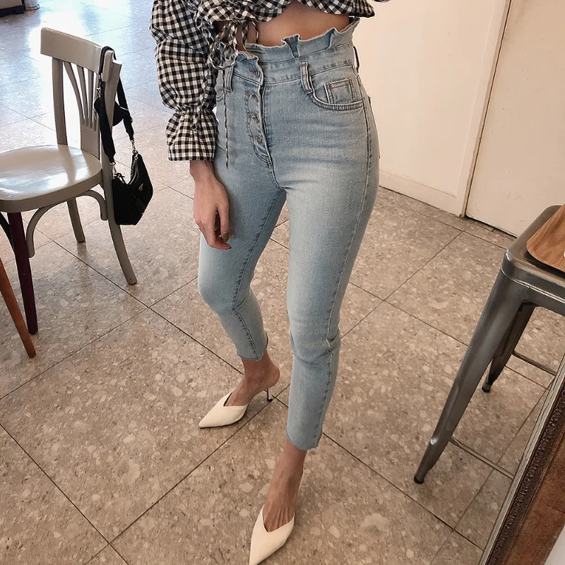 Женские джинсы с высокой талией 2021 однобортные джинсы-карандаш уличная одежда