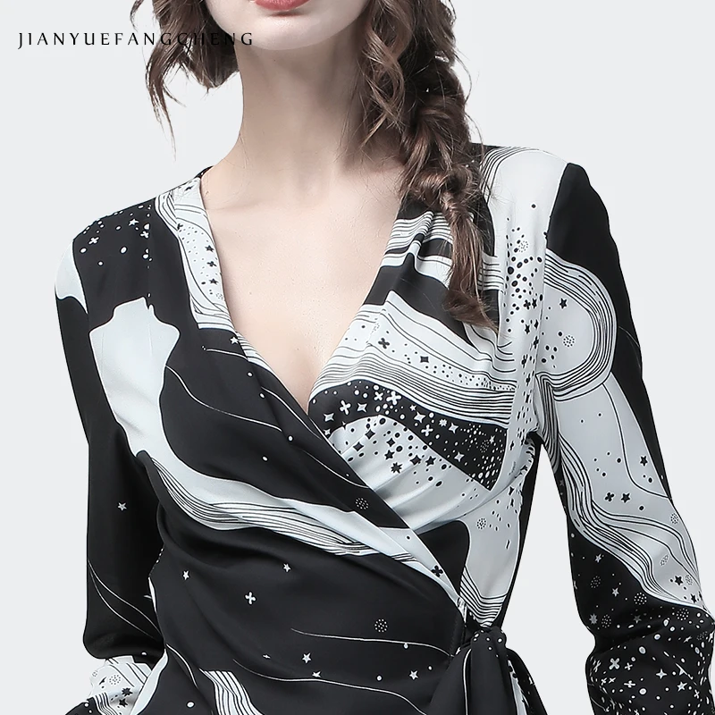 

Crossed V-Neck Fashion Printed Chiffon Women' Blouse Belt Lace-Up Long Sleeve Autumn Cardigan Elegant Sexy Office Casual Blouses