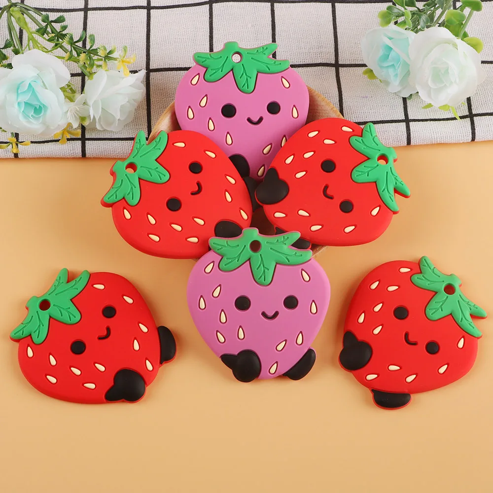 Kovict-mordedor de silicona de fresa para beb&eacute;, de grado alimenticio de dentici&oacute;n juguete, accesorios de cadena de chupete, producto colgante de fruta, 5/10 Uds.-0