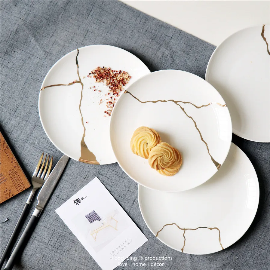 4 PCS / 8 inch high bone porcelain ceramic dinner plate contracted dish ins wind Nordic gold for Kitchen Decor Gift | Дом и сад