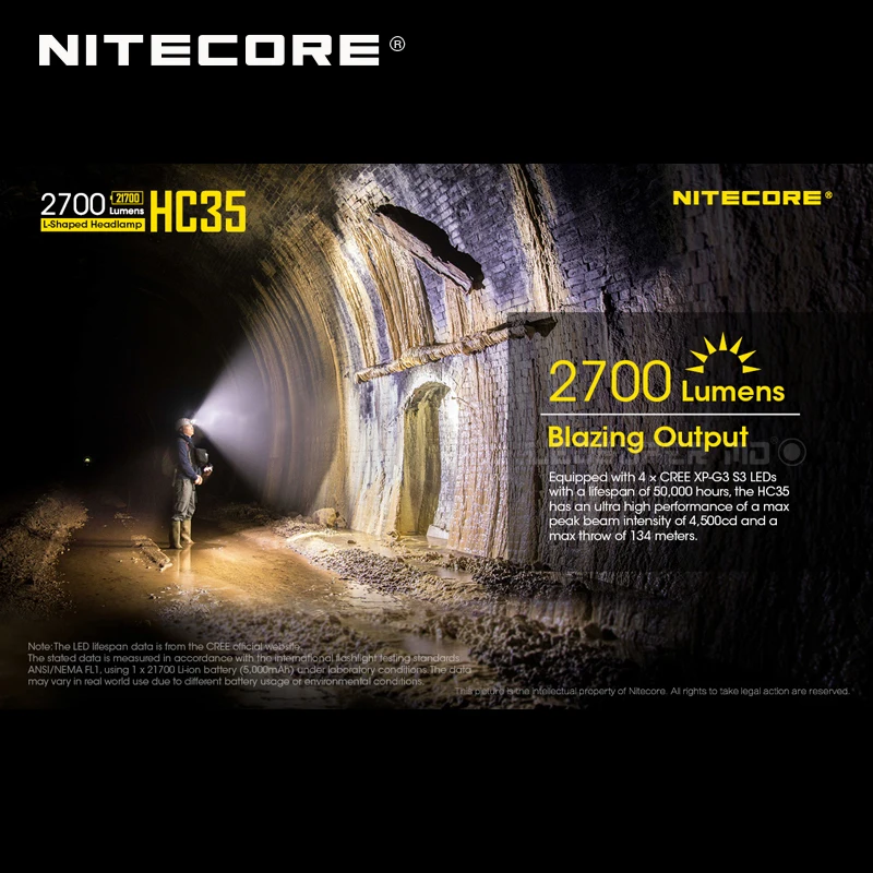 2700 люмен Nitecore HC35 4 x CREE XP-G3 S3 светодиоды следующего поколения 21700 Г-образный налобный фонарь с аккумулятором 4000 мАч