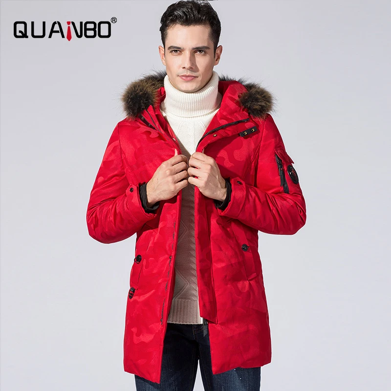 

QUANBO Brand Red Winter Coat New Men's Thick and Warm Fashion Camouflage Hooded Parkas Fur Collar 90% White Duck Down Jacket