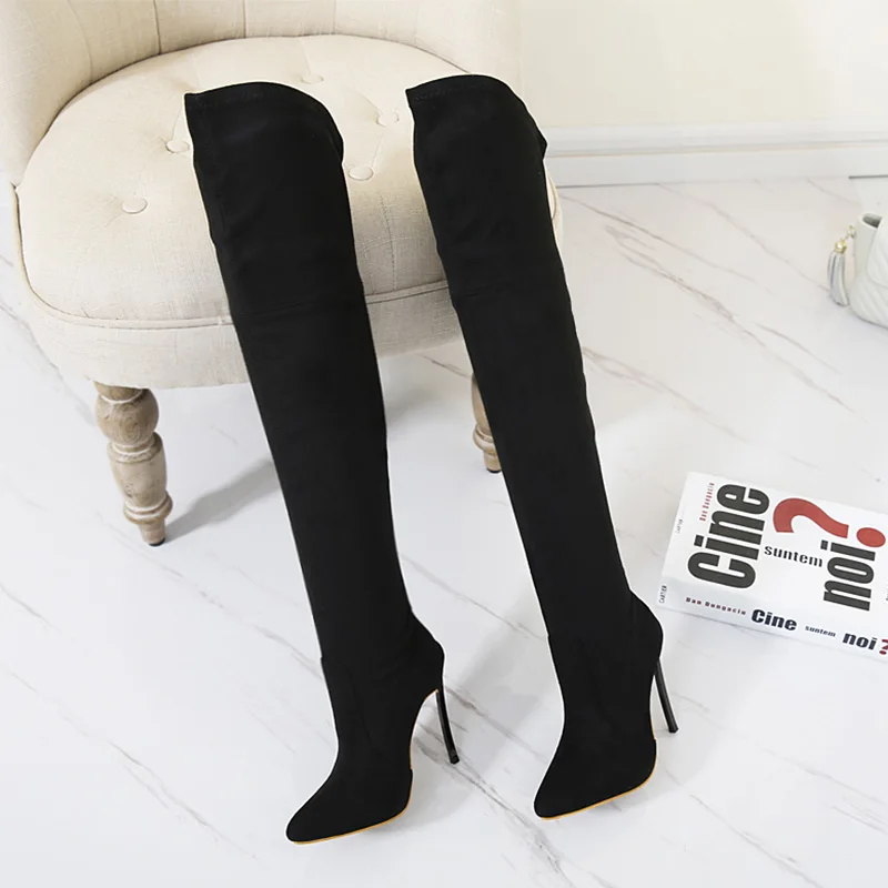 NIUFUNI 2021 Lady Sexy Over The Knee Boots High Heels Autumn Pointed Toe Suede Shoes Woman Comfortable Slim Stretch Botas Mujer