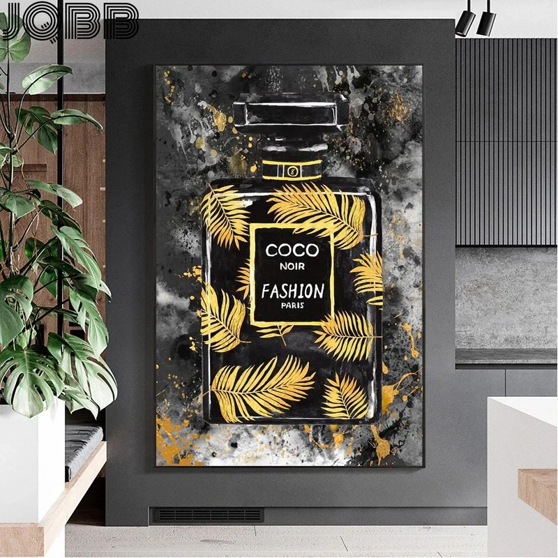 

Canvas Painting Of Black With Gold Paris Perfume Bottle Fashion Poster Bedroom Decoration Paintings Room Decor Wall Art Picture
