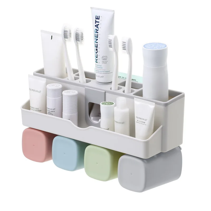 

Non-perforated Toothbrush Holder Creative Wall-mounted Bathroom Set Wash Toothbrush Holder Set Squeeze Toothpaste Mouthwash Cup