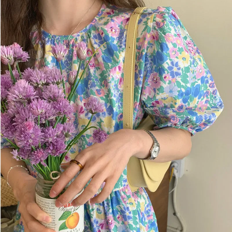 

2020 Women Summer Sweet Oil Panting Flower Long Dress High Waist Puff Sleeve Pullover Pleat Dresses Woman Clothing