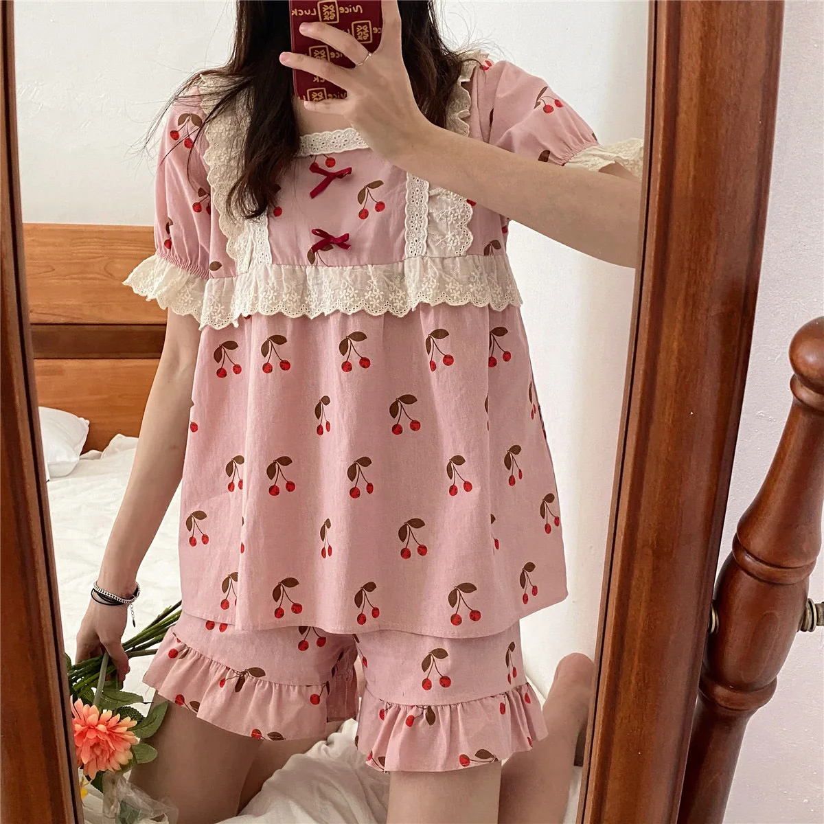 CAIYIER Sweet Lace Women Pajamas Set Summer Cute Pink Cherry Girl Nightwear Korean Short Sleeve Square Collar Princess Sleepwear