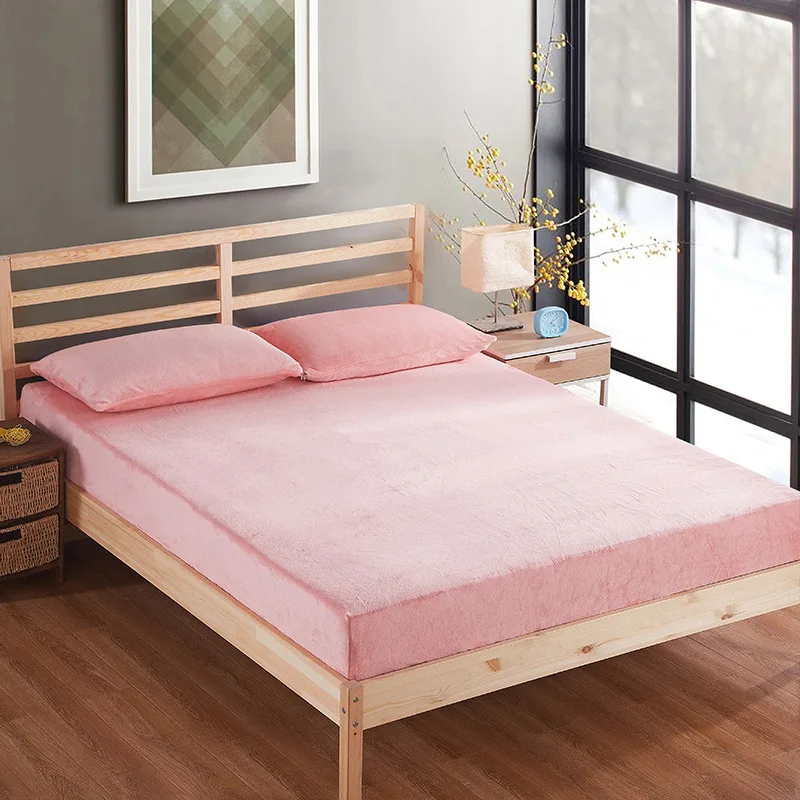 

Winter Fleece Fitted sheet set solid flannel elastic sheet +2pillowcase bed cover set 3pcs warm bed linen plush mattress cover