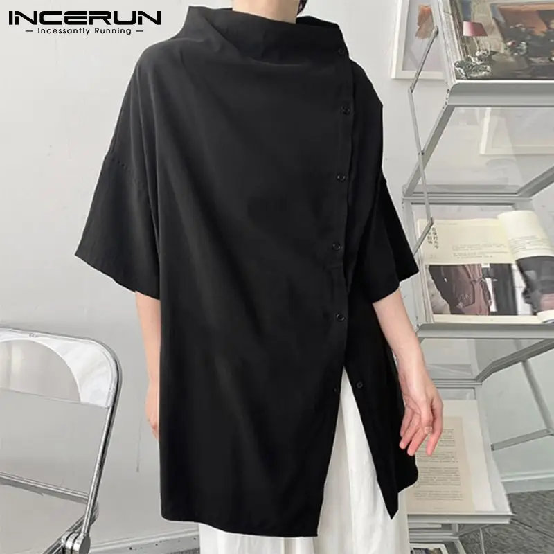 

INCERUN 2023 Men Casual Shirt Solid Color Turtleneck Half Sleeve Button Streetwear Camisas Fashion Irregular Shirts Men S-5XL