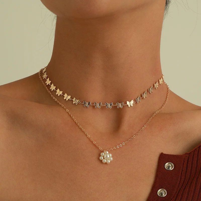 

Vintage Boho Multilayer Pearl Choker Butterfly Pendant Chain Necklace for Women Gold Silver Color Collar Fashion Jewelry Gift