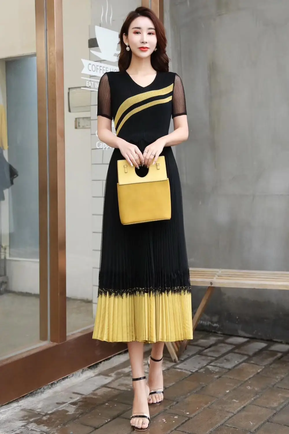 

HOT SELLING Miyake short sleeve v-neck fold Mesh Lace patchwork Pleated dress IN STOCK