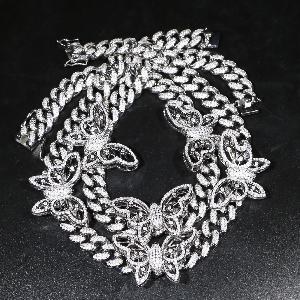 

Silver Color 12mm Iced Out Bling CZ Miami Cubann Link Chain Choker CZ Butterfly Pendant Necklace Hip Hop Women Jewelry 2021 New