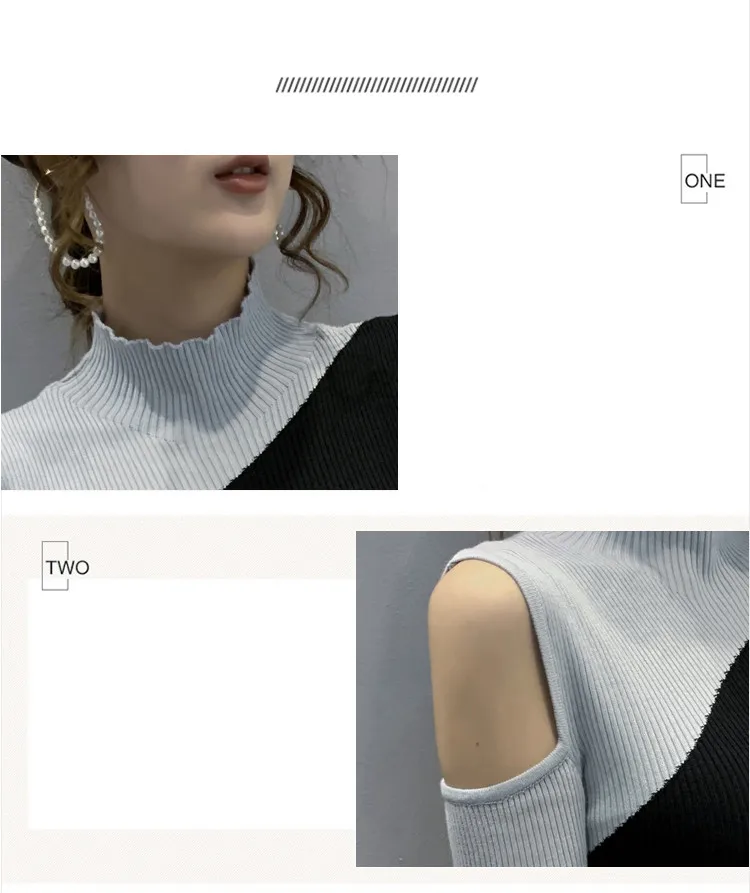 

Fall Winter Knitted Sweater European Clothes Elegant Women Fashion Sexy Patchwork Off Shoulder Pullover Tops Hot 2021 T17929A
