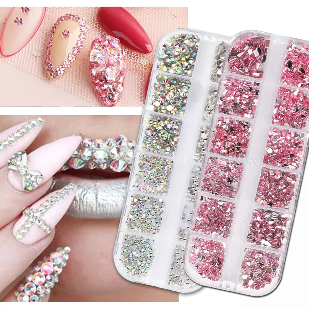 

Glitters Crystals Nail Art Rhinestones 12 Grids/Box Acrylic Nail Stones Flat Back Shiny Tips 3D DIY Nails Art Decorations