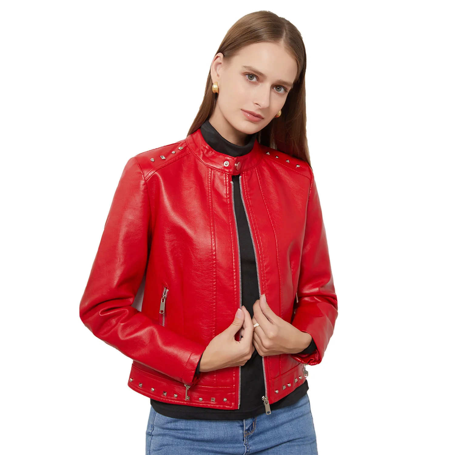 

2021New Rivet Fashionable Leather Coat Women's Clothes Ladies' Casual Jacket Short Coat Jackets for Women Surcoat S-5XL Black