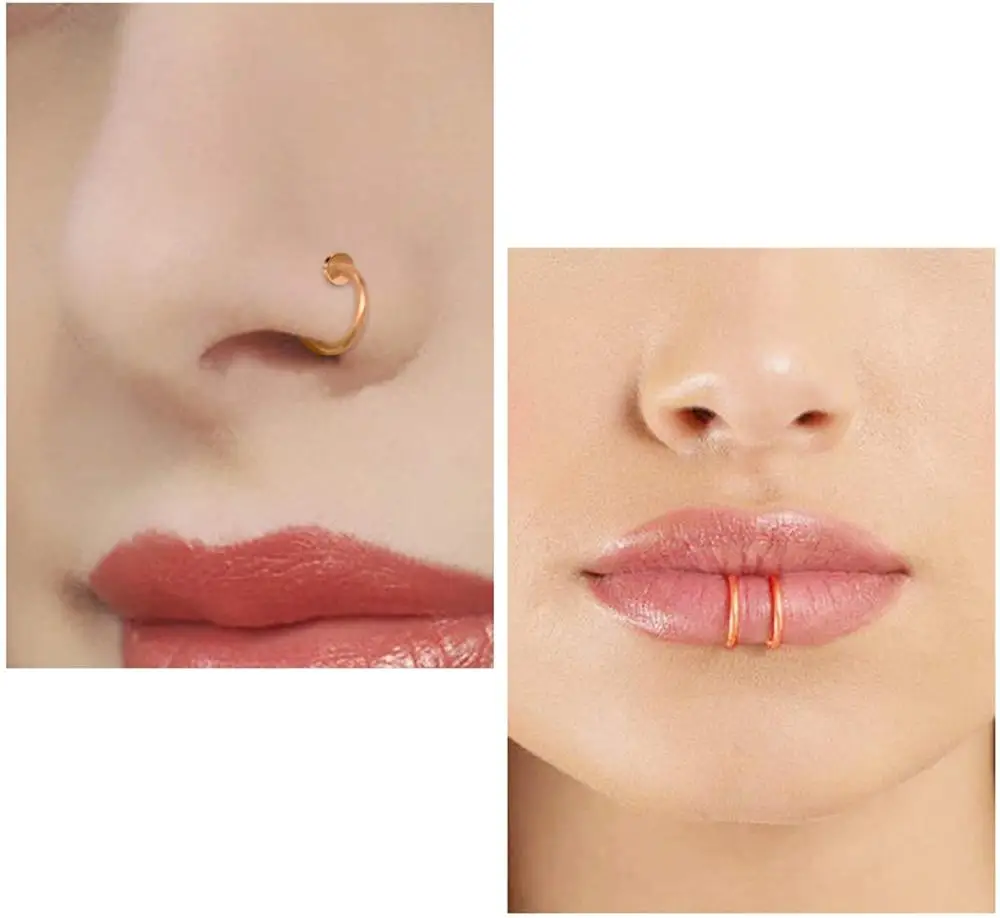 2Pcs Fake Nose Ring Retractable Earrings Hoop Faux Lip Earrings Cartilage Septum Clip on Ear Lobe Helix Anti Conch Non Piercing images - 6