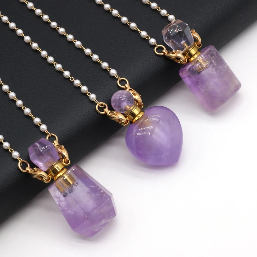 

Natural Amethyst Perfume Bottle Crystal Pendant +Free Two Eyes Pearl Chain For Jewelry Making DIY Bracelet Necklace Accessories