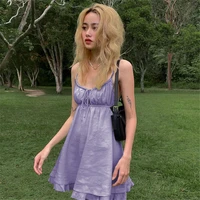 women summer sleeveless a line mini dress sexy high waist tie up solid color square collar spaghetti strap ruffle dress purple