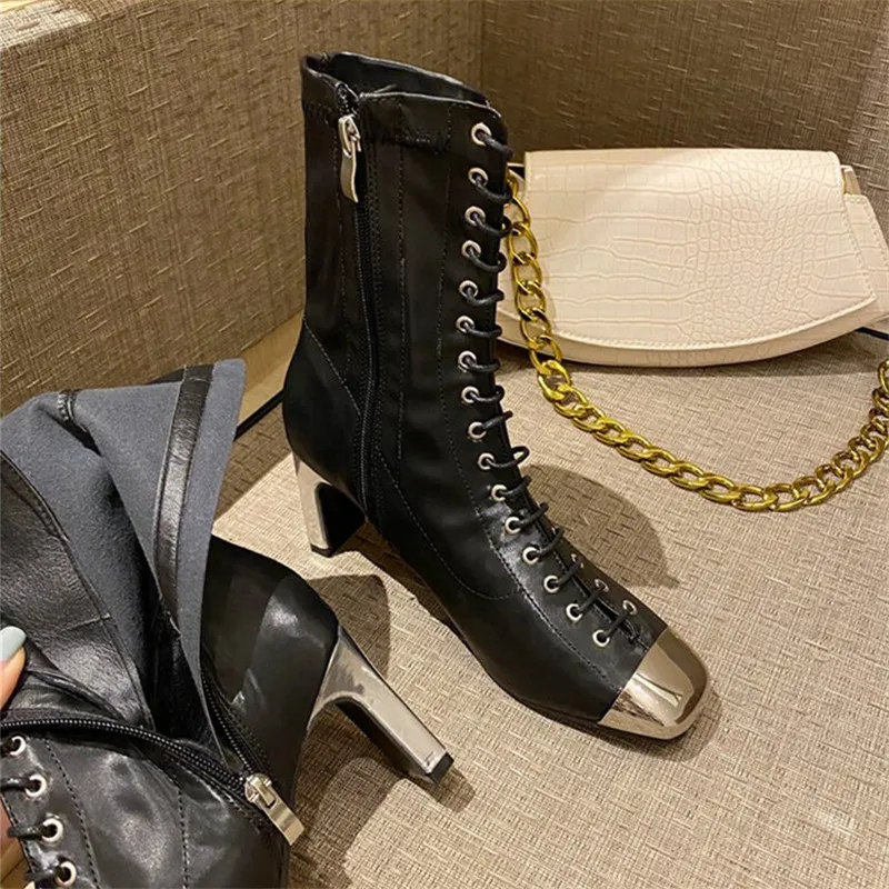 

2021 Women High Square Heel Ankle Boots Fashion Brand Metal Toe Zipper Short Boots Shoes Cross Strap Office Lady Boots