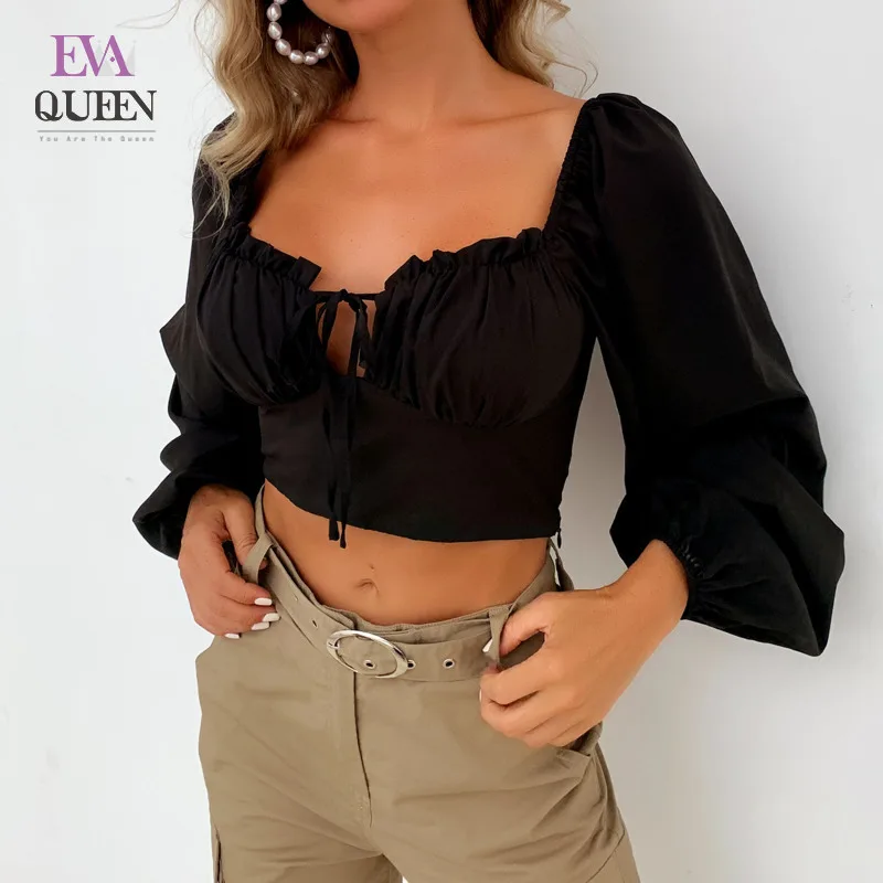 

EvaQueen однотонная Черная Женская блузка с бантом и квадратным воротником естественная майка с открытой спиной рукавом-фонариком Повседневна...
