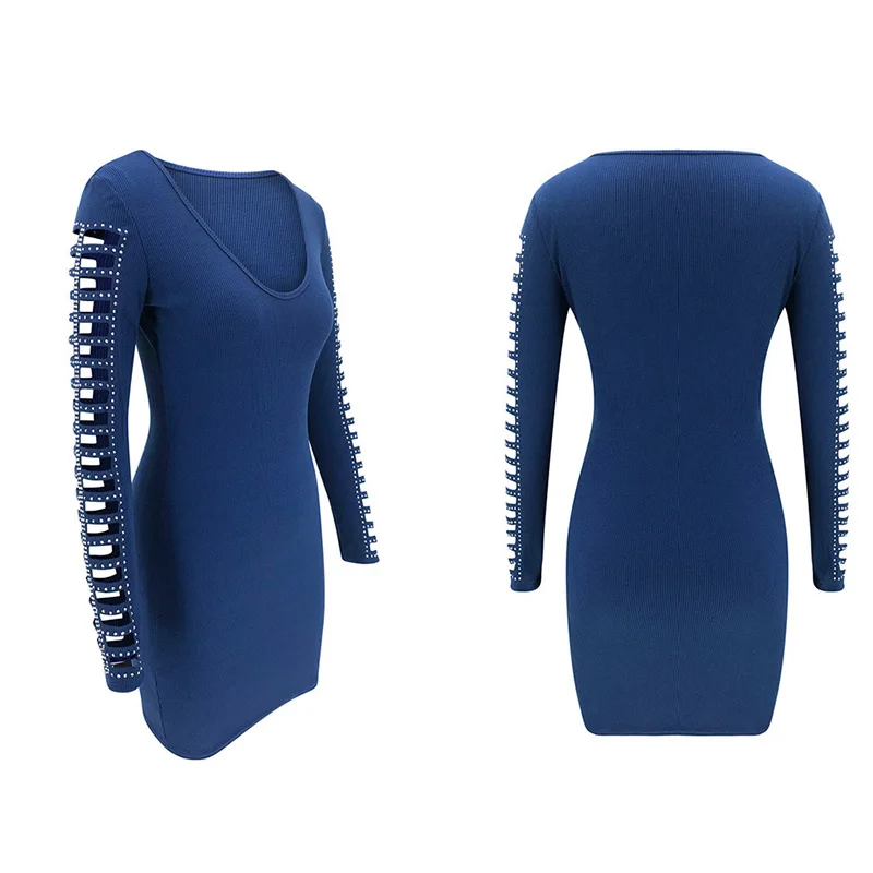 

Women Long Sleeve Hollow Out Diamond Dress Streetwear Fashion V-Neck Bodycon Elegant Lady Autumn Winter Slim Hips Party Dress