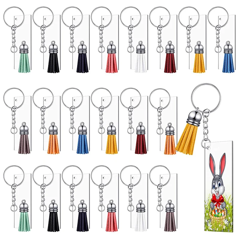 

80 Pieces Clear Keychains Set Including 20 Rectangle Acrylic Blanks, 20 Tassels, 20 Key Chain Rings and 20 Jump Rings