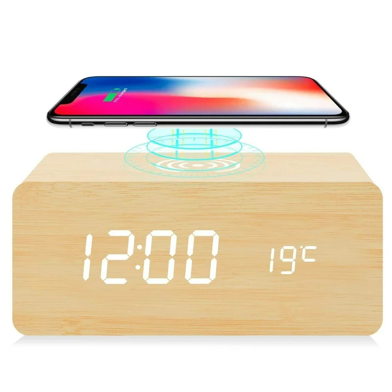 

New Wireless Charger with Qi Wireless Charging Pad Alarm Clock LED Modern Wooden Wood Digital LED Desk Alarm Clock Thermometer