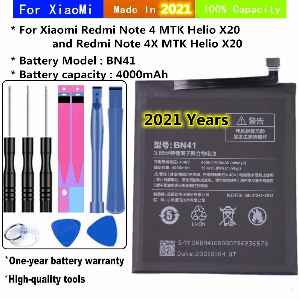 

2021 Years BN41 4000 mAh Battery For Xiaomi Redmi Note 4 Hongmi Note 4 / Note 4X MTK Helio X20 Phone Replacement Batteries Tools