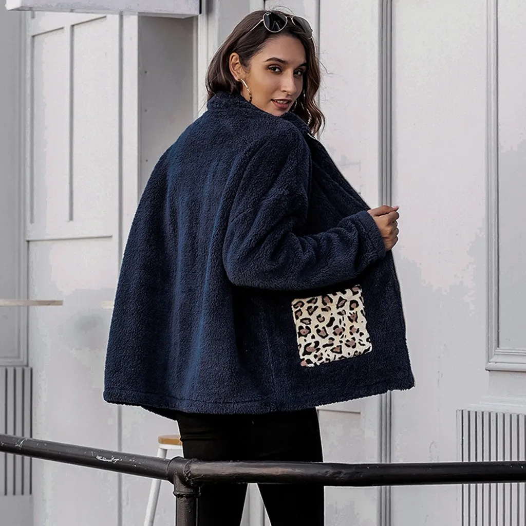 

Autumn Winter Coat Fashion Women Lady loose Wool Villus Top Leopard Print Jacket Blouse Casual Loose Zipper Warm Coat Outwear 40
