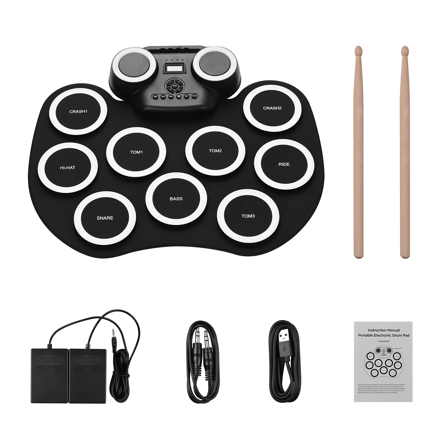 

Portable Folding Electronic Drum Pad Silicon Digital Drum with Built-in Speakers Foot Pedals Headphone Monitoring for beginners