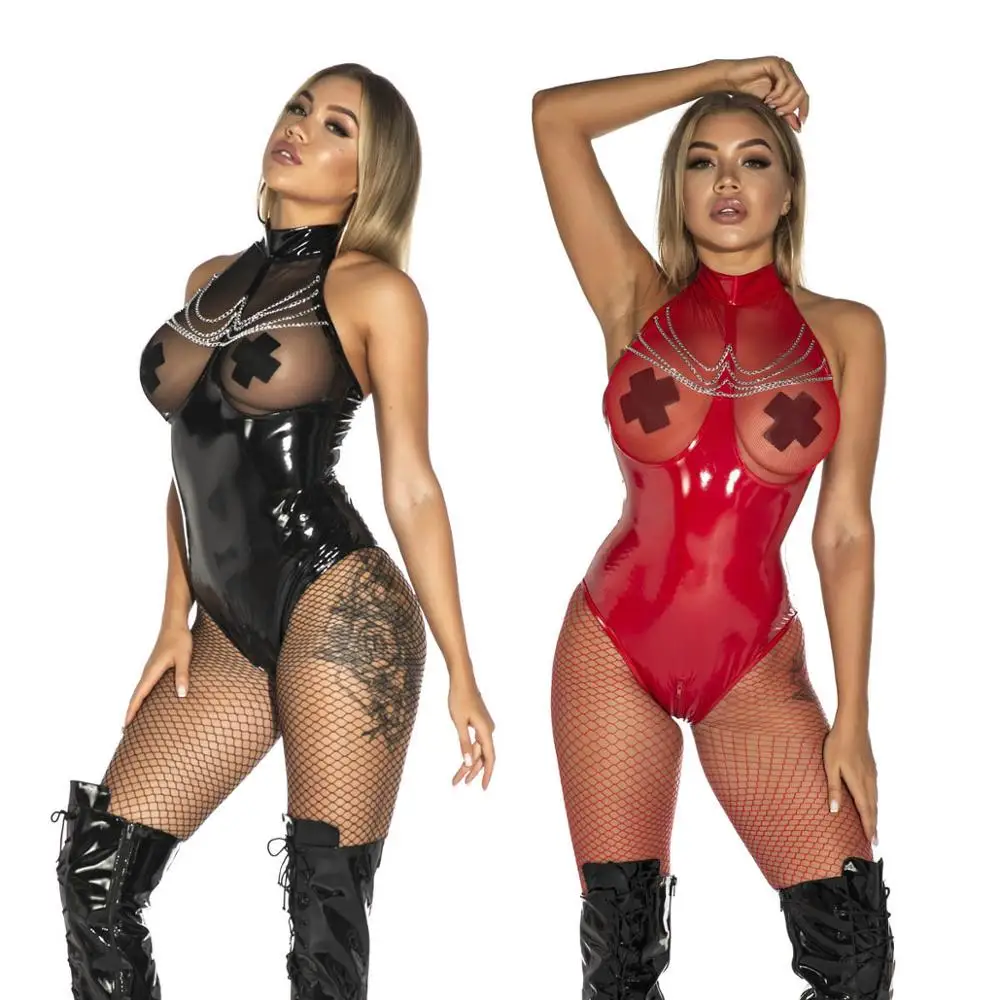 Super Big Size Sexy Faux PU Leather Teddy Bodysuit  Erotic Costume Sheath Party Night Clubwear Shiny Leather Bodysuits Catsuit