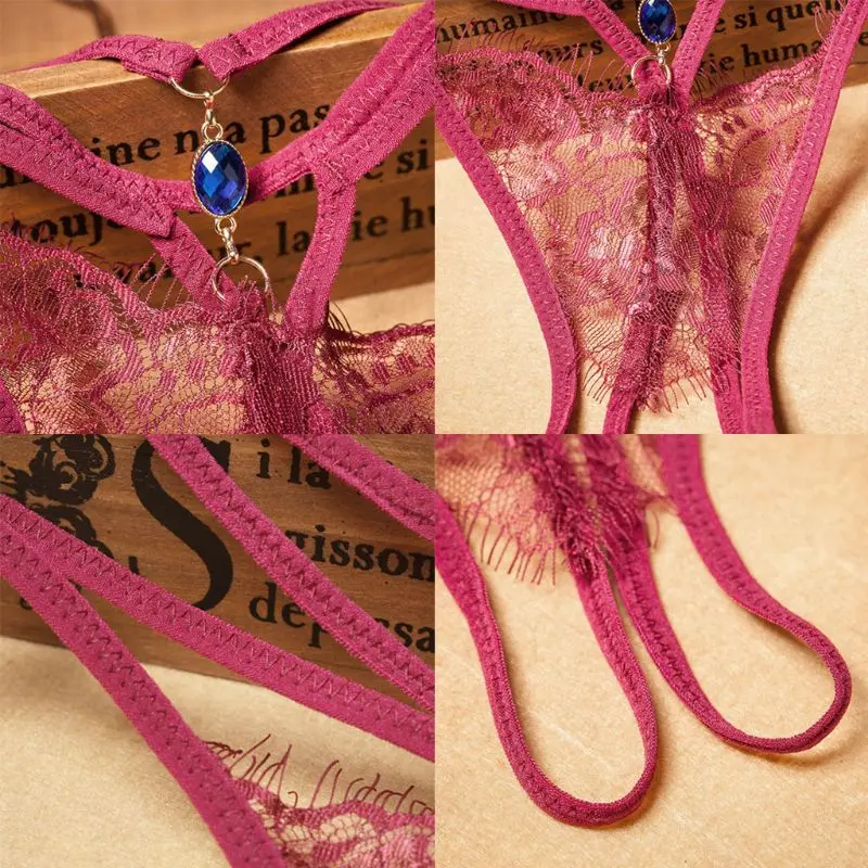 

Women Sexy Sheer Eyelash Floral Lace Lingerie Briefs Hollow Open Crotch G-String Underwear Rhinestone Pendant Drop Thong