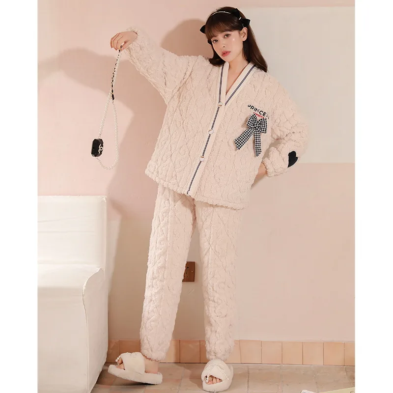 New Women Autumn Winter Thick Warm Flannel Pajamas Set Solid Coral Velvet Sleepwear Loose Casual Long Sleeve Suit Loungewear