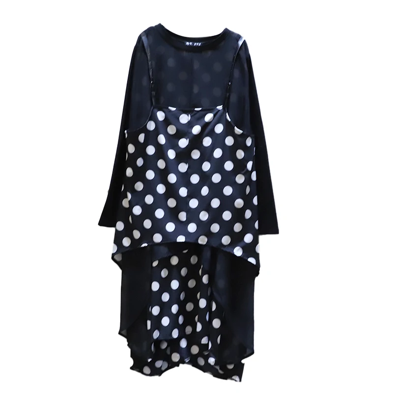 

IEQJ Stitching Fake Two Piece Wave Point Irregular Hem Mid Length Dress for women new Fashion Tide 2021 Spring 3GD53