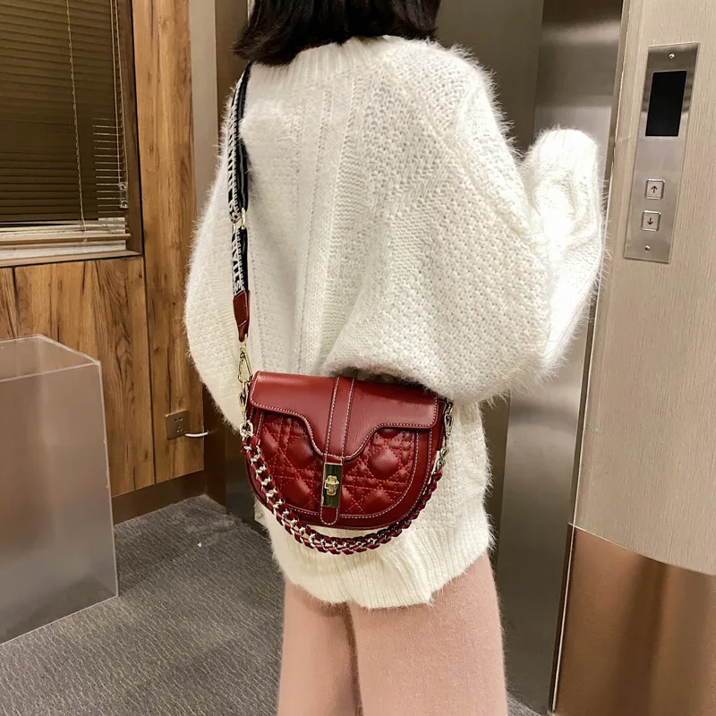 

New PU Leather Saddle Bags for Women 2021 Fashion Crossbody Wide Shoulder Strap Simple Bag Lady Solid Color Solid Handbags