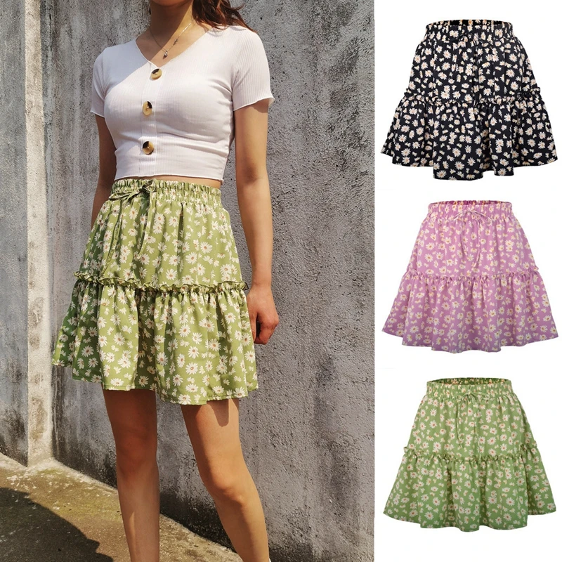 2020 Модная Летняя короткая юбка с цветочным принтом для девочек, плиссированные юбки с принтом ромашек, женские повседневные мини-юбки на шн... от AliExpress WW