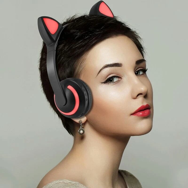 Кошачьими ушками светящиеся Беспроводной Bluetooth наушники игровая гарнитура