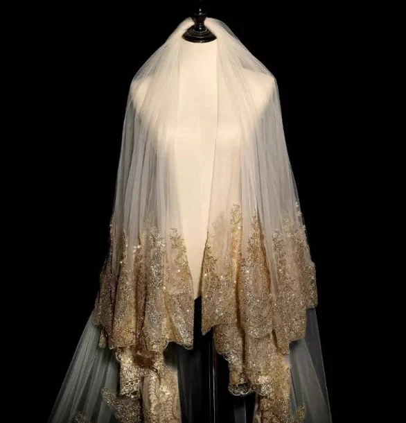 Свадебная фата собора с золотыми кружевами и блестками-свадебная Золотая Фата