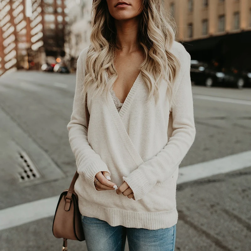 Women Casual Fashion Front Cross Knit Sweater Top Autumn Cozy Sexy Crossover V Neck Jumper Elegant Loose Knitwear | Женская одежда